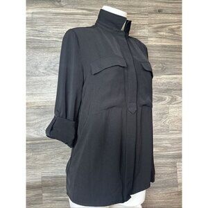 CATHERINE MALANDRINO Button Top Size M Basic Black Collar Roll Tab Sleeve Blouse